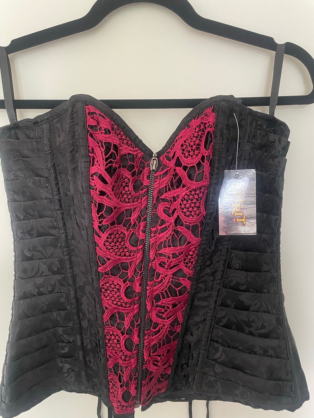 NWT Spirit Gothic Black & Magenta Lace Corset Top Zip Front Brocade Sz L